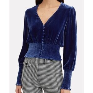 Intermix Womens Blue Velvet Smocked Waist Button Front V-Neck Blouse Size P